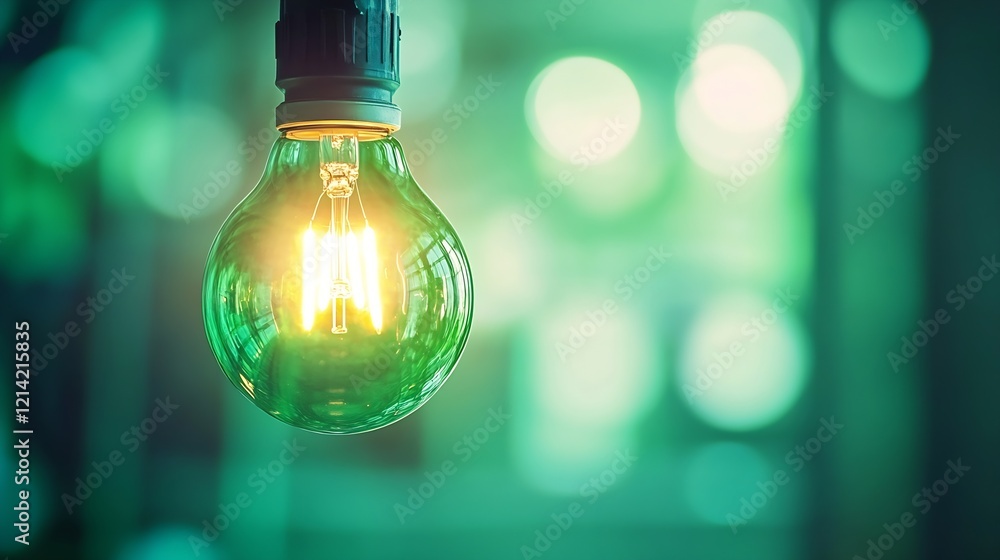 Poster closeup of green glowing light bulb in soft focus background : generative ai