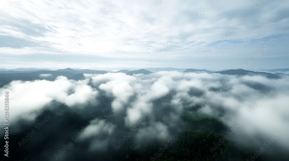 Poster Misty Mountain Landscape with Forest Covered in Clouds Creating a Mystical Enigma : Generative AI
