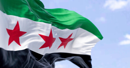 Close-up view of the Syria national flag waving in the wind