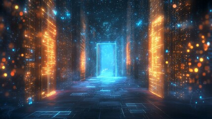 Glowing digital corridor leads to bright portal; futuristic data center background; technology concept illustration