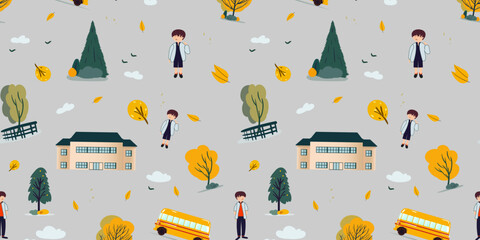Design pattern with school building, schoolchildren, school yard, trees, school bus. Kids cartoon style