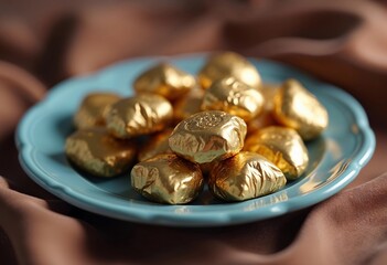 Fototapeta premium Delightful Golden Confections Arranged Artistically on a Delicate Blue Plate. Generative AI