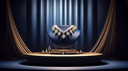 3D rendering isometric jewelry display with diamond rings, elegant lighting, and a luxurious velvet background