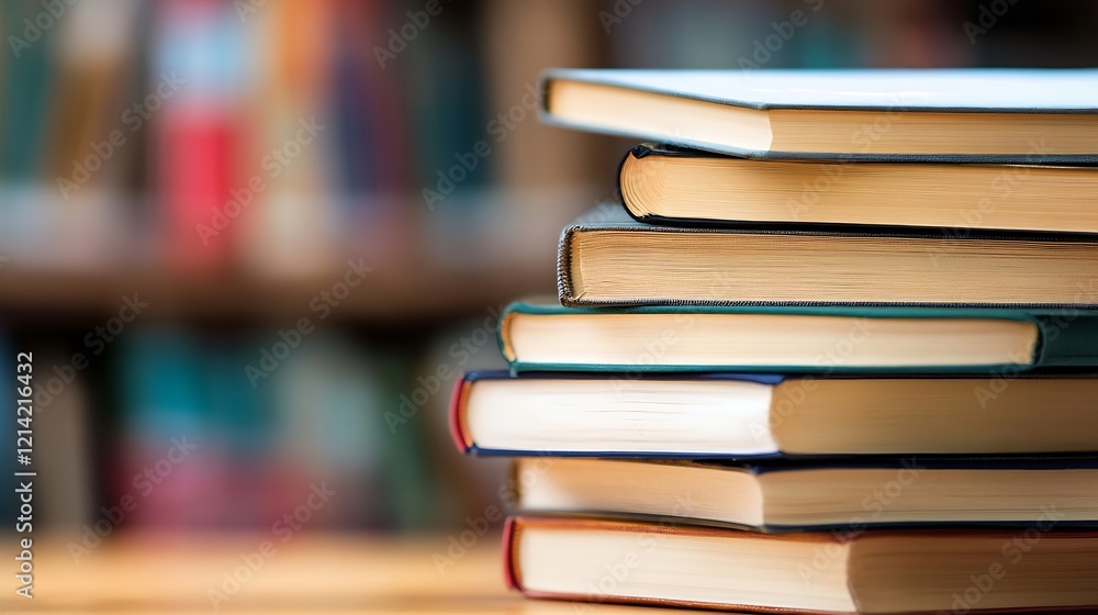 Poster Stack of hardcover books on wooden table with blurred library background : Generative AI