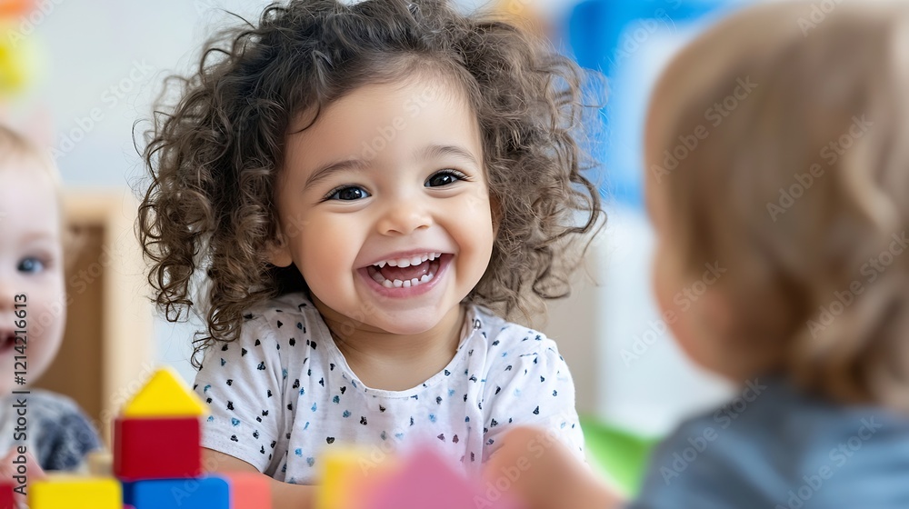 Poster smiling toddler with curly hair in a happy group playtime setting : generative ai