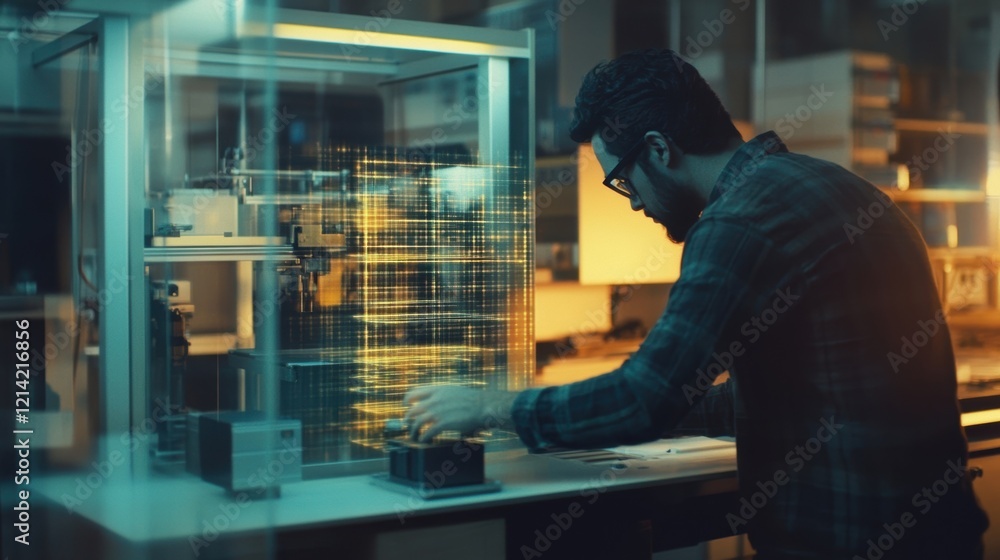 Poster industrial engineer working with a futuristic 3d printer using a holographic augmented reality inter