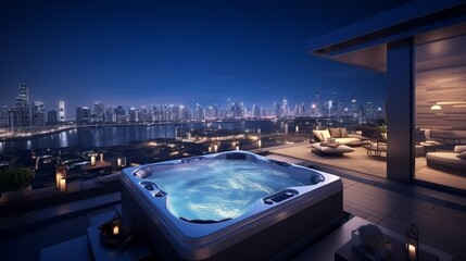 3D rendering isometric luxury lifestyle rooftop terrace with a jacuzzi, lounge area, and cityscape at night