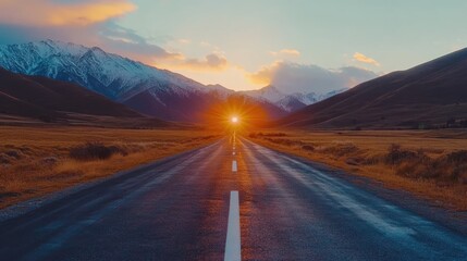 straight road with white arrow leading towards a stunning sunset over mountain