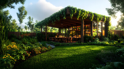Obraz premium Idyllische Gartenlounge mit begrünter Pergola und gemütlichem Essbereich bei Sonnenuntergang 
