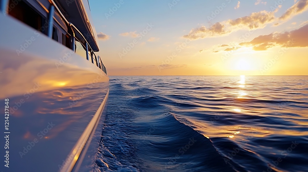 Poster Sunset Reflection on Ocean Water Viewed from Yacht Side : Generative AI