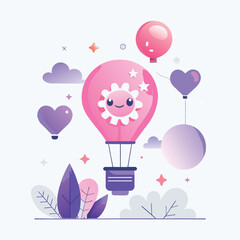 Cute Pink Hot Air Balloon with Floral Design Soars Above.