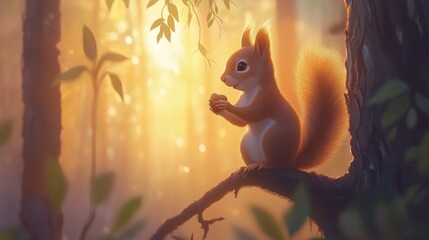 Adorable squirrel holding nut on tree branch at sunset in forest.