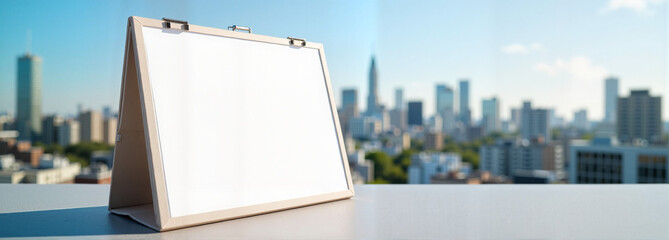 Flipchart mockup in urban setting against city skyline
