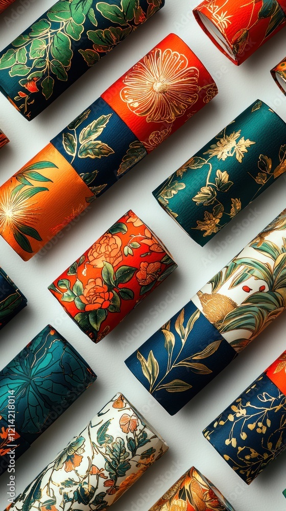 Aufkleber vibrant cylinders with diverse patterns and colors arranged in a diagonal composition