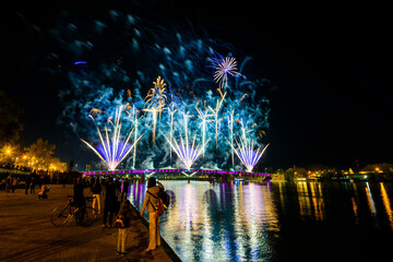 Novi Sad, Serbia - October 23, 2024: Fireworks in Novi Sad, Serbia. Fireworks on the occasion of...