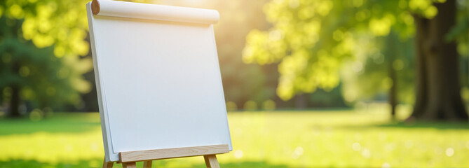 Blank flipchart mockup in bright green park
