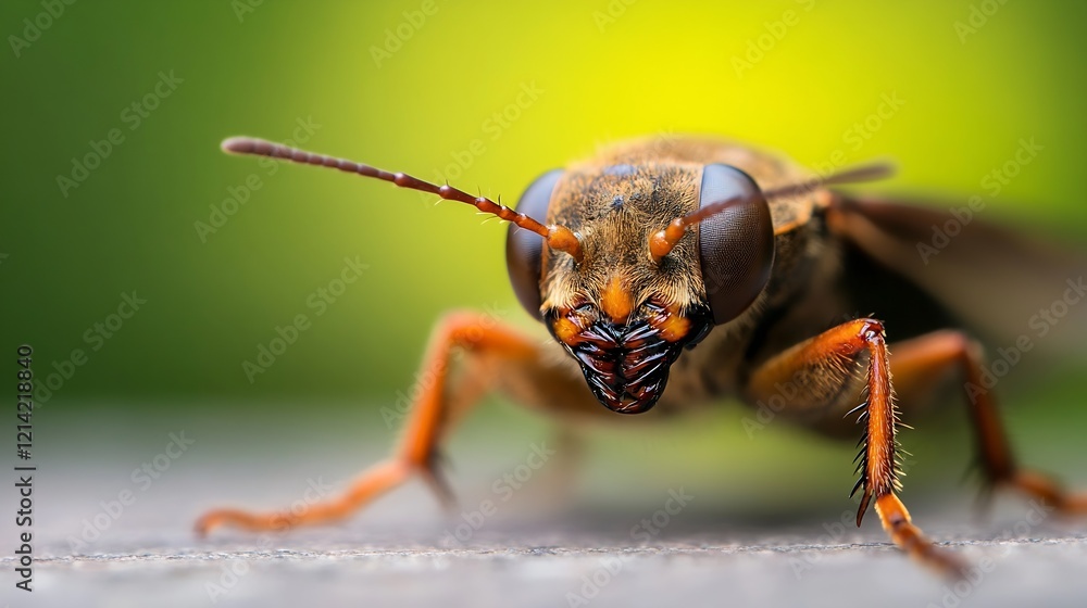 Poster Closeup of a predatory insect with textured body set against a blurred green background : Generative AI