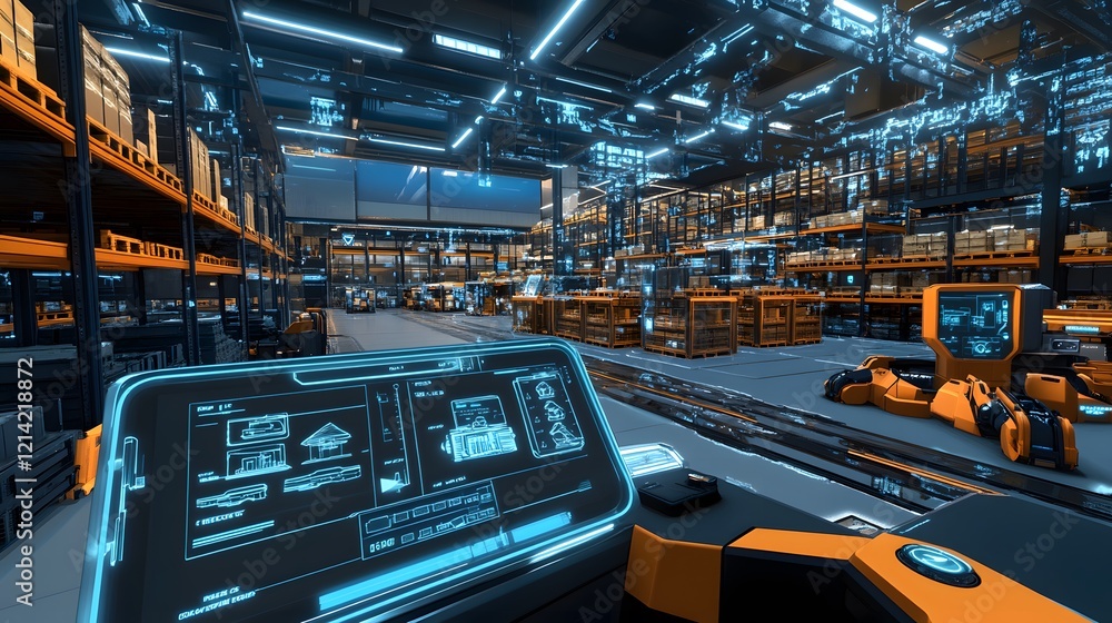 Poster futuristic automated warehouse interior showing robotics and data overlays