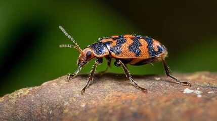 Fototapeta premium CloseUp of an Orange and Black Beetle on a Brown Rock Surface : Generative AI