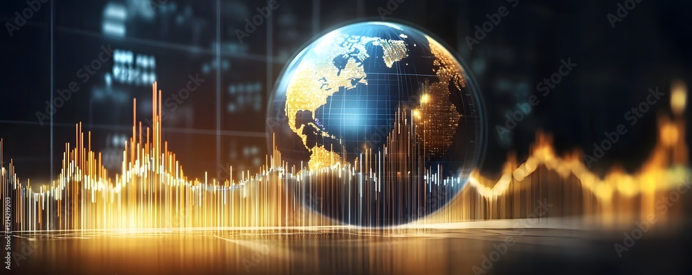 Poster a dynamic visualization of the earth surrounded by financial data and digital graphs, symbolizing th