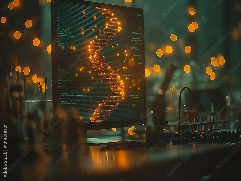 Poster dramatic image of a glowing dna strand displayed on a computer screen in a dimly lit laboratory sett