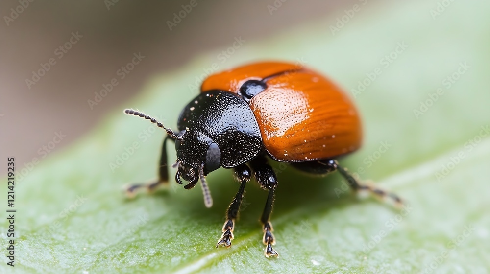 Poster closeup macro shot of vibrant red leaf beetle on green leaf surface : generative ai