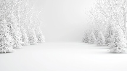 Fototapeta premium Snow-covered pine trees line a serene winter forest clearing under bright, soft daylight.