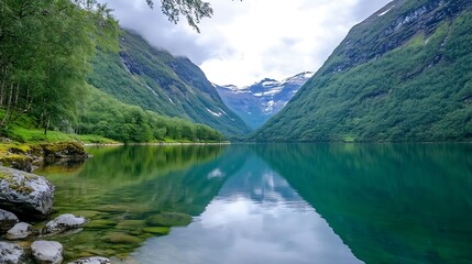 Serene Lake with Reflective Water and Majestic Mountain Views : Generative AI