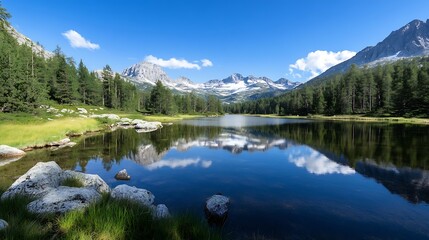 Scenic Alpine Lake Reflections with Majestic Mountain Backdrop : Generative AI