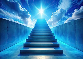 Surreal blue isometric stairs ascend in a digitally rendered, abstract 3D architectural dreamscape.