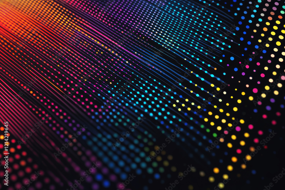 Poster colorful dots and diagonal lines create a vibrant abstract pattern on a dark background