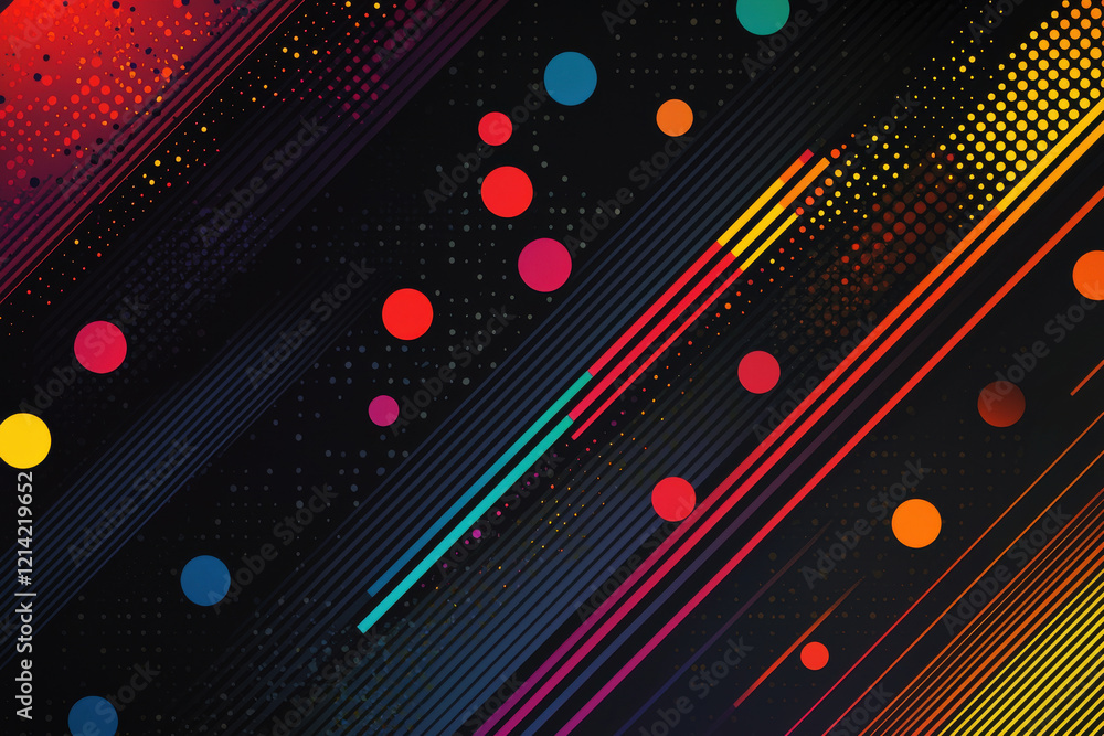 Poster Colorful abstract pattern with dots and diagonal lines on a dark background creates a vibrant and dynamic composition