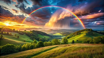 Obraz premium Surreal rainbow sky, dreamlike landscape, vibrant clouds, magical fantasy art.