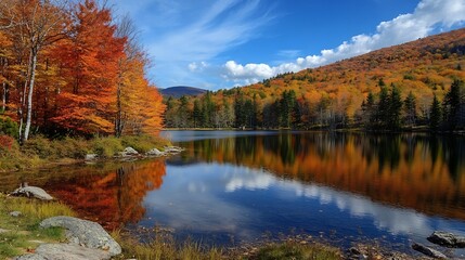 Stunning Autumn Landscape with Vibrant Foliage Reflecting Over Serene Lake Under Blue Sky : Generative AI