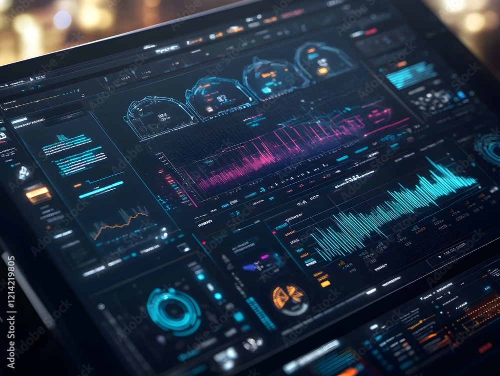 Poster A modern tablet displaying complex data analytics and visualizations. The dynamic interface showcases graphs, metrics, and colorful elements, reflecting advanced technology usage.