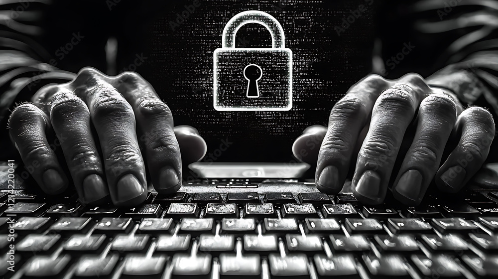Poster dramatic black and white image of hands typing on a keyboard with a glowing padlock and code overlay