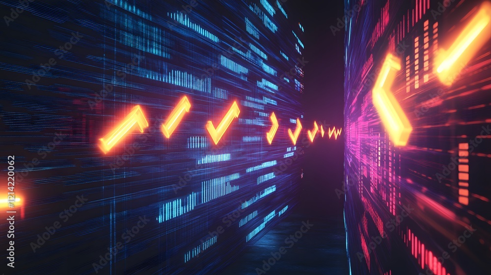 Poster neon arrows indicate data flow progression through digital space