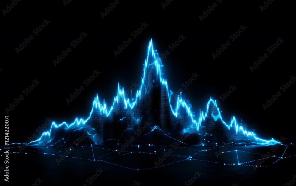 Poster a striking abstract representation of a data visualization with dynamic blue wave peaks. ideal for p