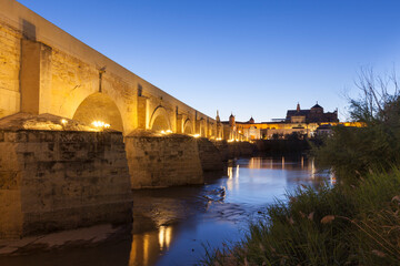 Fototapeta premium Night shot of the famous roman bridge at Cordoba, facing the Mosque-Cathedral