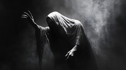 Grim reaper in flowing tattered robes reaching through gloom eerie light casting dramatic shadows