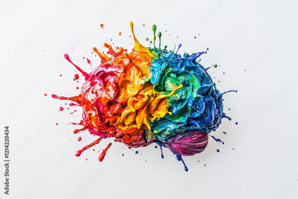 Poster colorful abstract paint splashes form a human brain representing creativity and intelligence on a cl