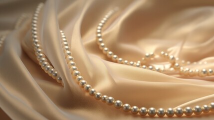 3D rendering isometric pearl necklace with delicate strands, shimmering highlights, and a soft fabric background