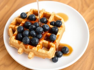 Breakfast Waffle with Fresh Blueberries and Sweet Syrup, breakfast plate, delicious dessert