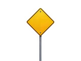 Blank Yellow Diamond Traffic Sign on Metal Pole Isolated on White Background
