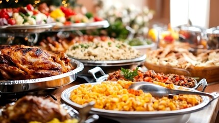 Festive holiday buffet feast featuring assorted traditional dishes and roasted turkey : Generative AI