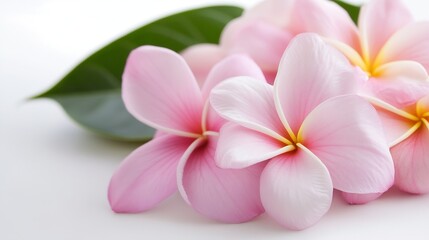 Fototapeta premium Delicate Pink Frangipani Flowers with Leaf on White Background for Spa and Relaxation Concepts : Generative AI