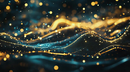 Abstract digital background electromagnetic wave background Innovation digital wave, information technology background and green luxury background with golden line decoration and curve light effect