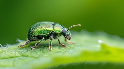 Fototapeta premium Bright Green Beetle Macro Shot in Natural Leafy Environment : Generative AI