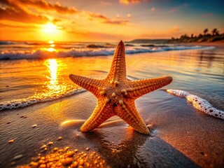 Fototapeta na wymiar Vibrant orange starfish, sunset hues, beach backdrop; rule of thirds composition captures breathtaking scene.