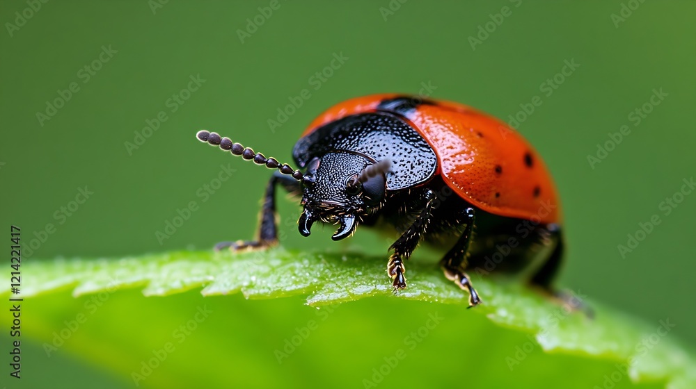 Aufkleber Detailed Macro View of a Vibrant Red Ladybug Resting on a Leaf Surface : Generative AI